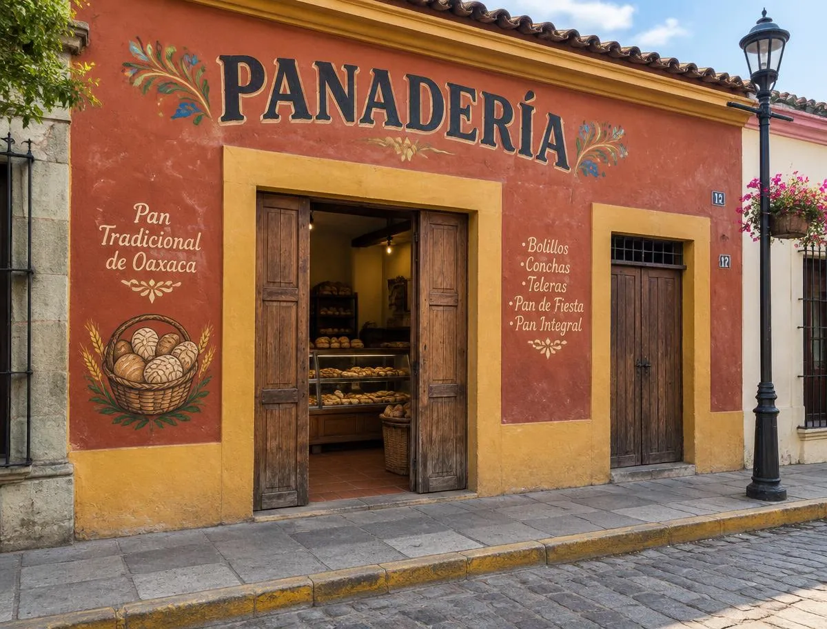 Fachada de panadería tradicional pintada en terracota y amarillo con puertas de madera