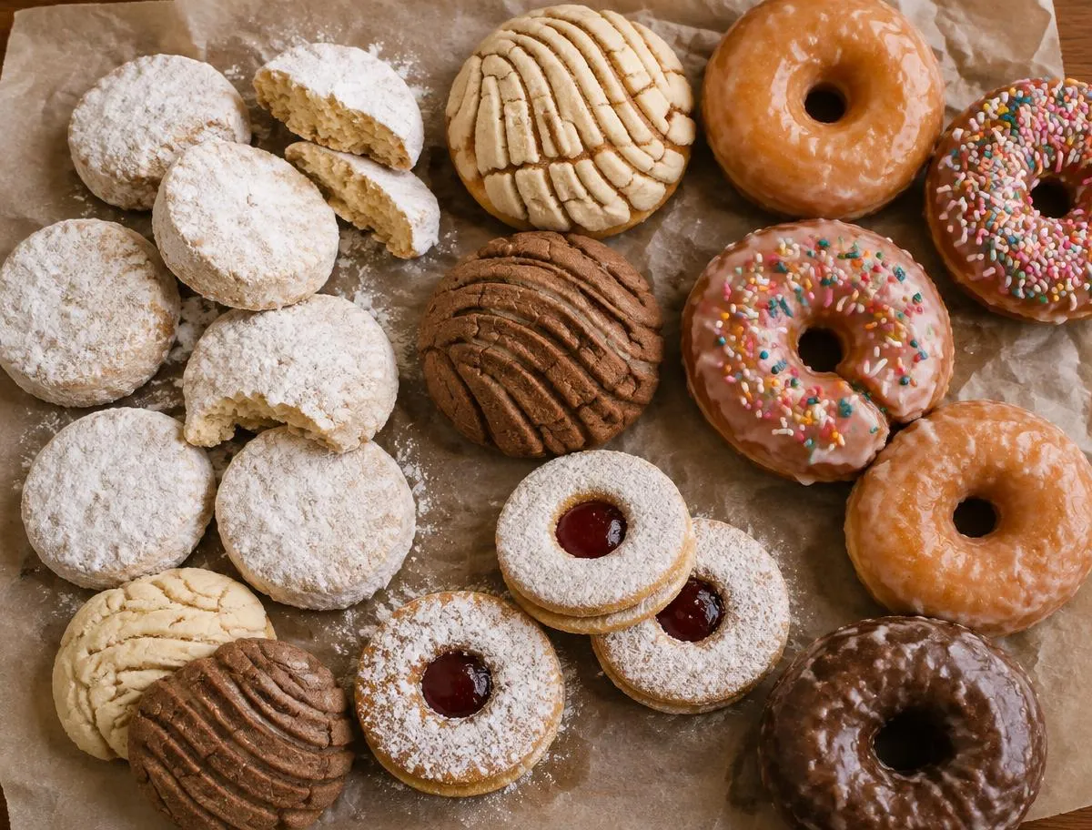 Polvorones, galletas rellenas de mermelada y donas glaseadas