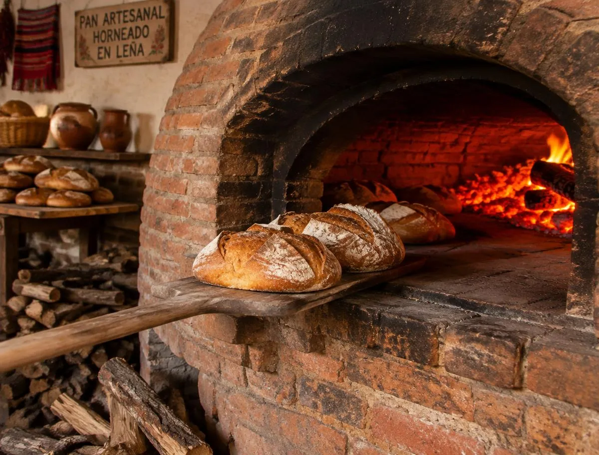 Horno de ladrillo con hogazas de pan recién salidas sobre una pala de madera