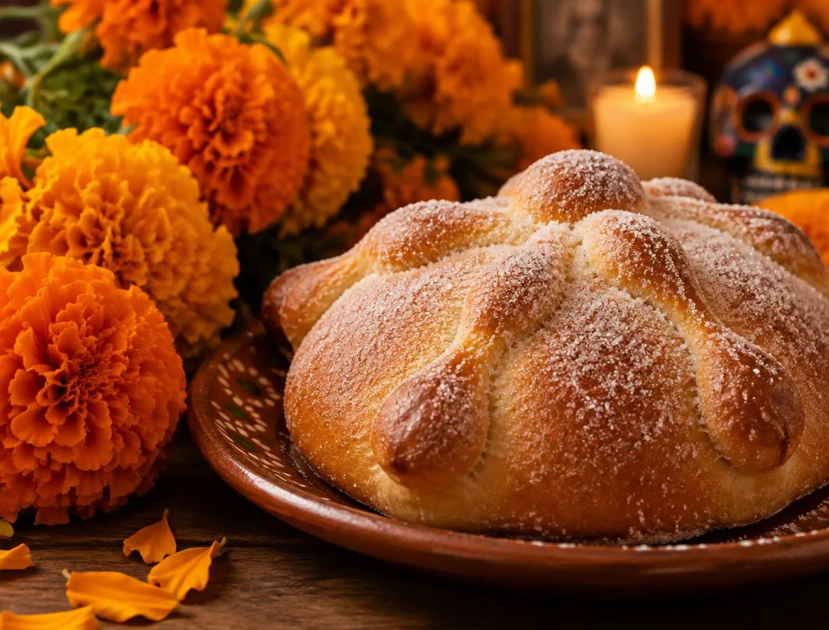 Pan de muerto con azúcar junto a flores de cempasúchil