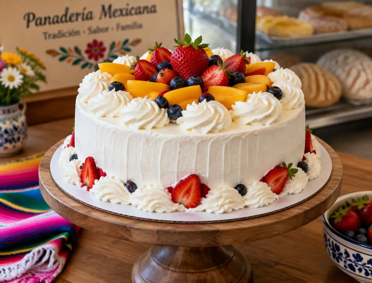 Pastel decorado con crema batida, fresas, mango y moras